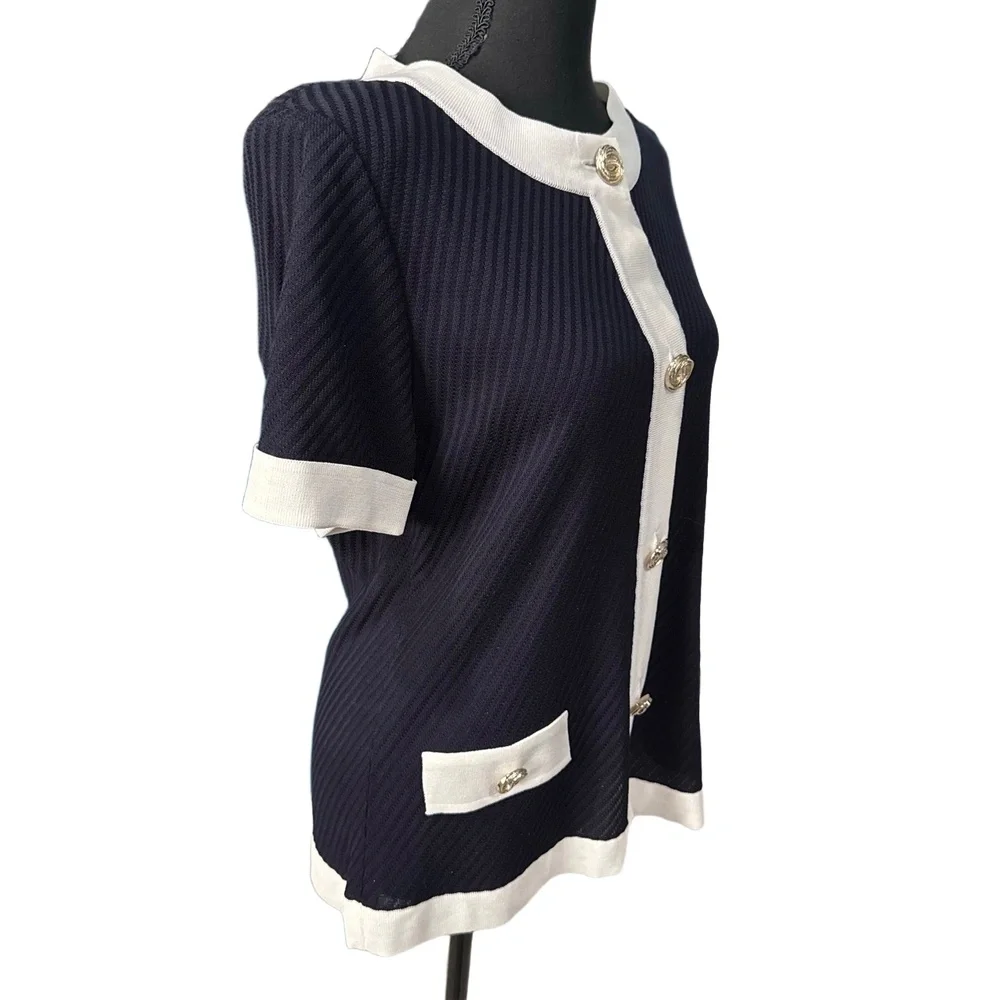Misook NWOT Women’s Short Sleeve Cardigan in Navy|White-Size Small - Picture 4 of 10